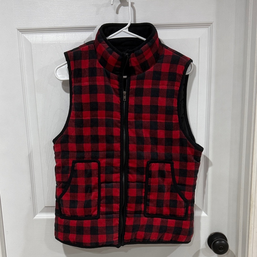 Red and Black Plaid Puffer Vest